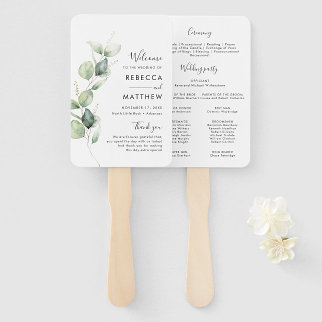 Eucalyptus Watercolor Script Wedding Program Hand Fan (Front and Back)
