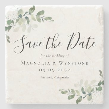 Eucalyptus Watercolor Wedding Save The Date Stone Coaster
