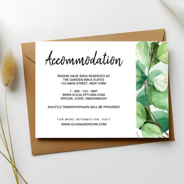 Eucalyptus wedding accommodations details card (Eucalyptus Wedding Details Enclosure Card, Eccommodation Card, Information Wedding Enclosure Card)