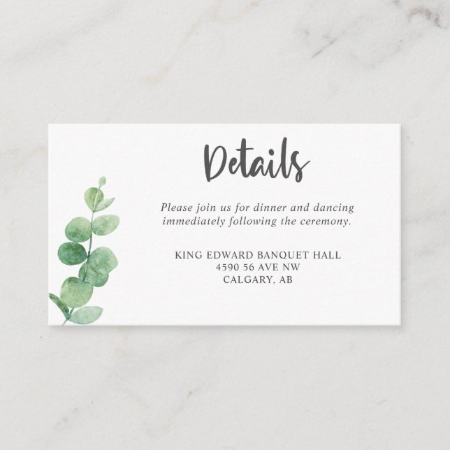 Eucalyptus Wedding Details Script Enclosure Card (Front)