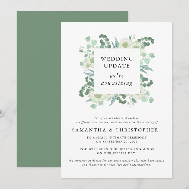 Eucalyptus Wedding Downsizing Update Announcement (Front/Back)