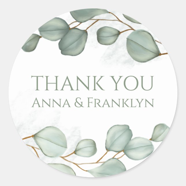 Eucalyptus Wedding Elegant Greenery Thank You Classic Round Sticker (Front)
