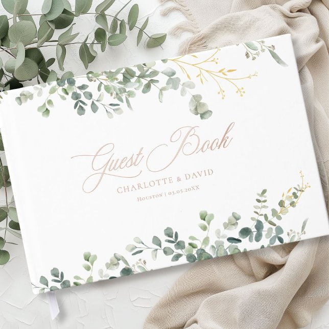 Eucalyptus Wedding Handwriting Script Wedding  Guest Book (Modern, elegant eucalyptus ampersand wedding guest book, personalized)