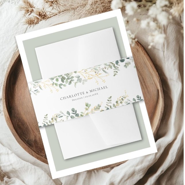 Eucalyptus Wedding  Invitation Belly Band (Eucalyptus Wedding Invitation Belly Band. Beige-White-Green. With your name and date.)