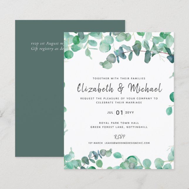 Eucalyptus Wedding Invitation Budget Greenery Leaf (Front/Back)