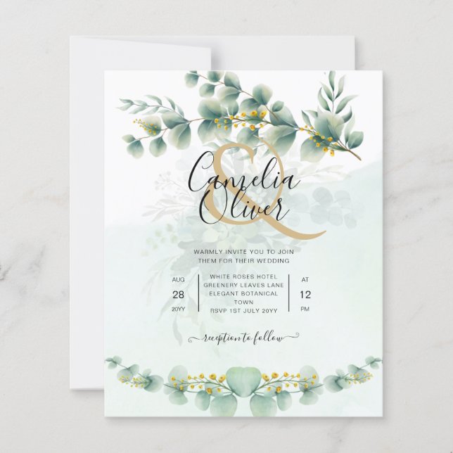 Eucalyptus Wedding Invitation Modern Greenery Gold (Front)