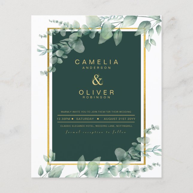 Eucalyptus Wedding Invitations Emerald Green Gold Flyer (Front)