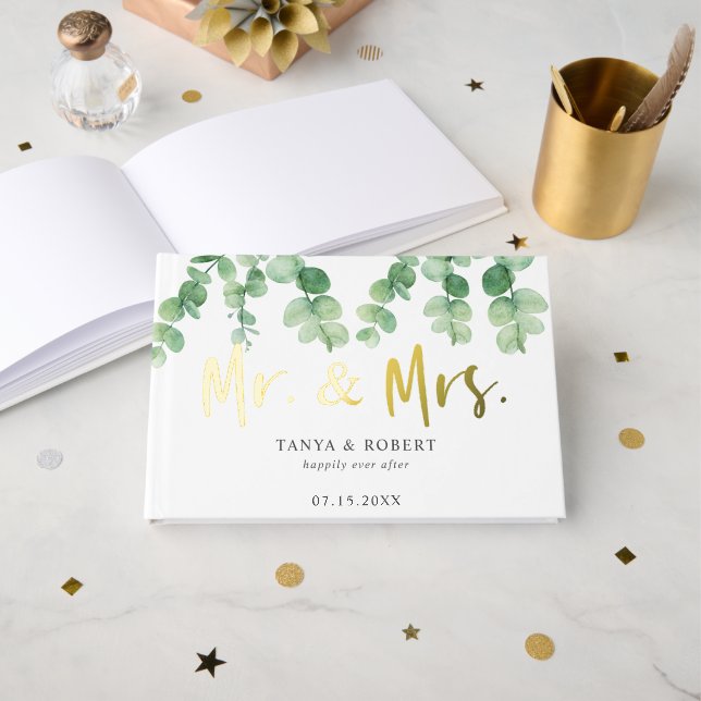 Eucalyptus Wedding Mr and Mrs Elegant Guest Book (Front Open)
