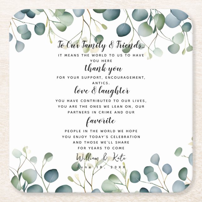 Eucalyptus wedding party/wedding Thank you Square Paper Coaster (Front)