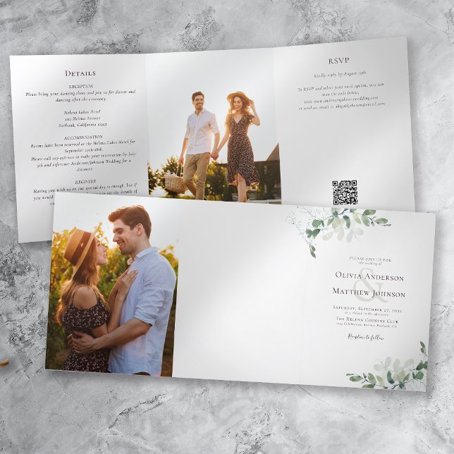 Eucalyptus Wedding Photo QR Code All in One Tri-Fold Invitation (Creator Uploaded)