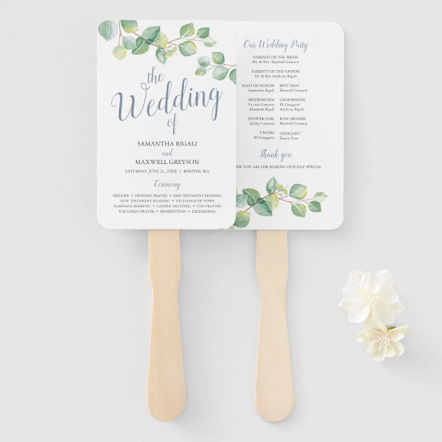 Eucalyptus Wedding Program Fan (Front and Back)