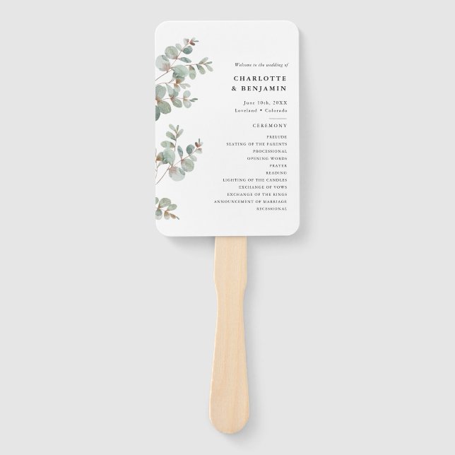 Eucalyptus Wedding Program Hand Fan (Front)