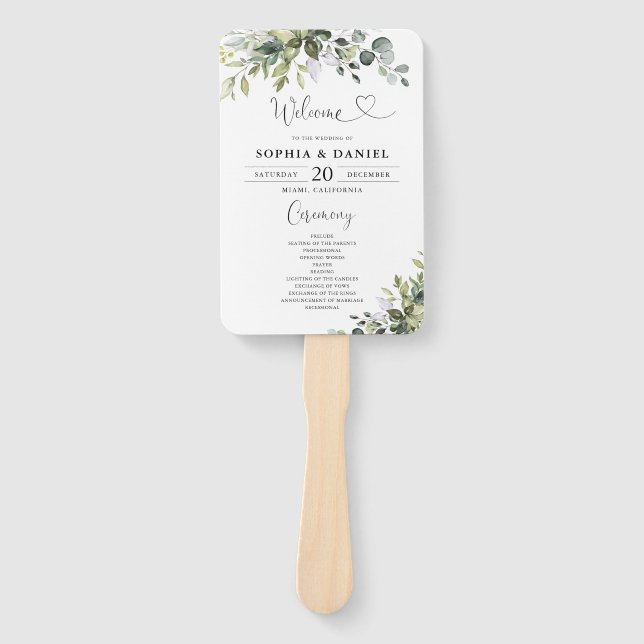 Eucalyptus Wedding Program Hand Fan (Front)
