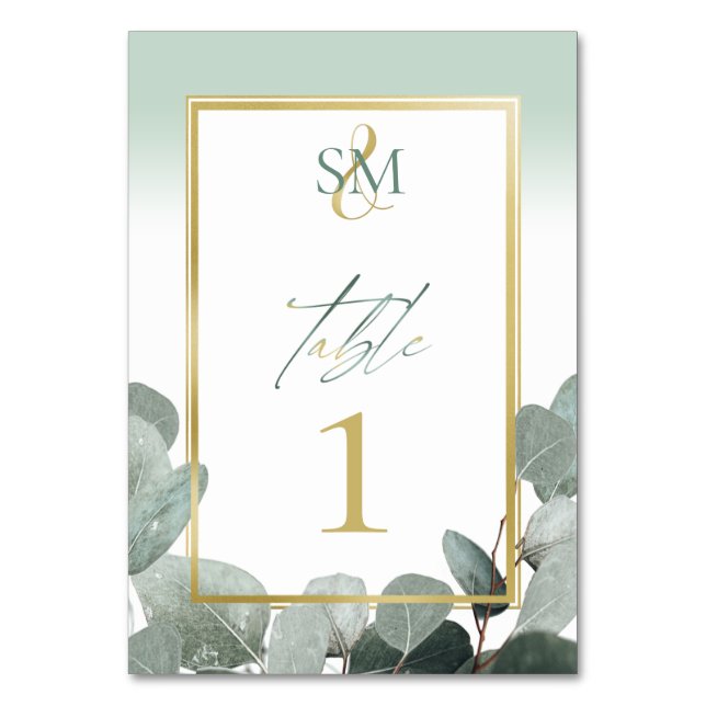 Eucalyptus wedding sage green monogram table number (Front)
