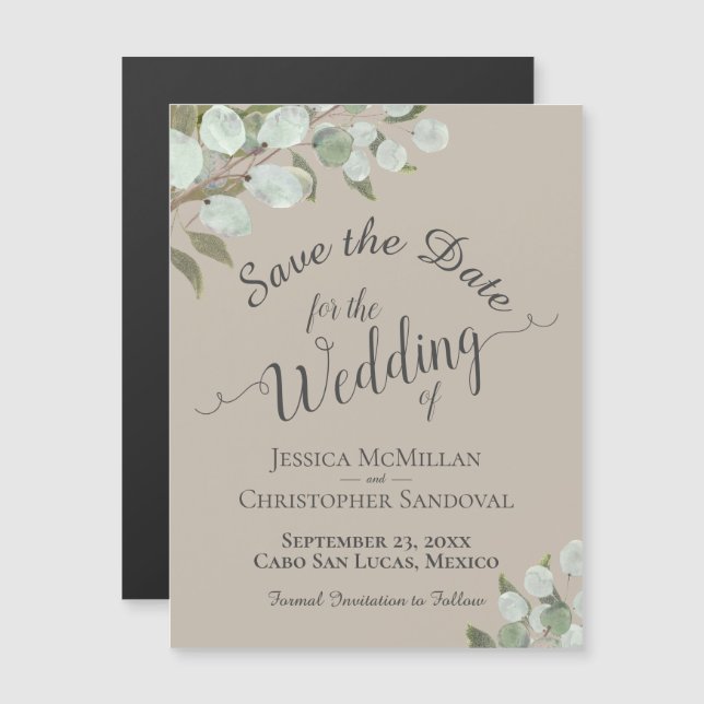 Eucalyptus Wedding Save the Date Calligraphy Taupe Magnetic Invitation (Front/Back)