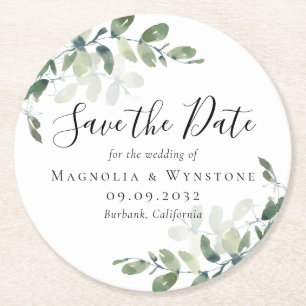 Eucalyptus Wedding Save The Date Round Paper Coaster