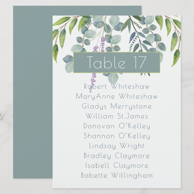 Eucalyptus Wedding Seating Table Number Names List (Front/Back)
