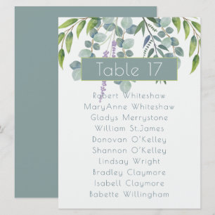 Eucalyptus Wedding Seating Table Number Names List