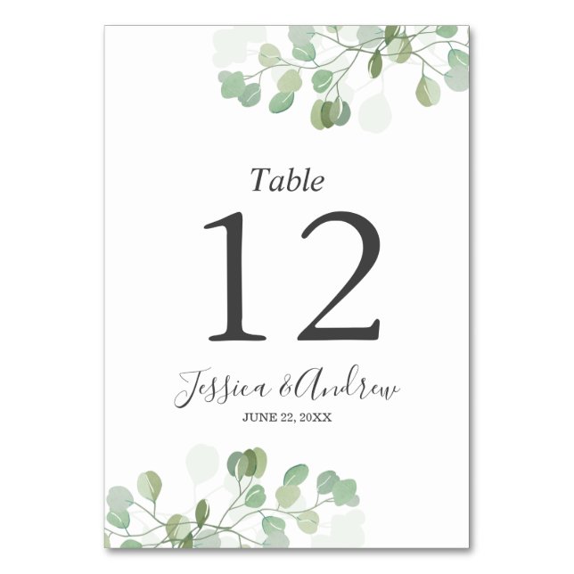 Eucalyptus Wedding Table Number Card Rustic Green (Front)