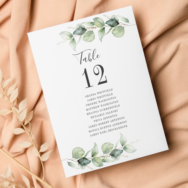 Eucalyptus Wedding Table Number with Guest Names (Watercolor Eucalyptus Wedding  Reception Table Number Card)