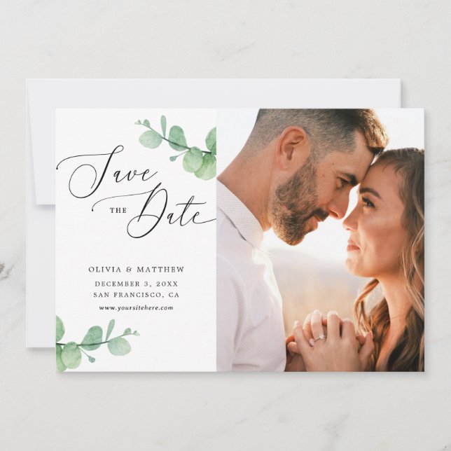 Eucalyptus Wedding | Watercolor Botanical Photo Save The Date (Front)