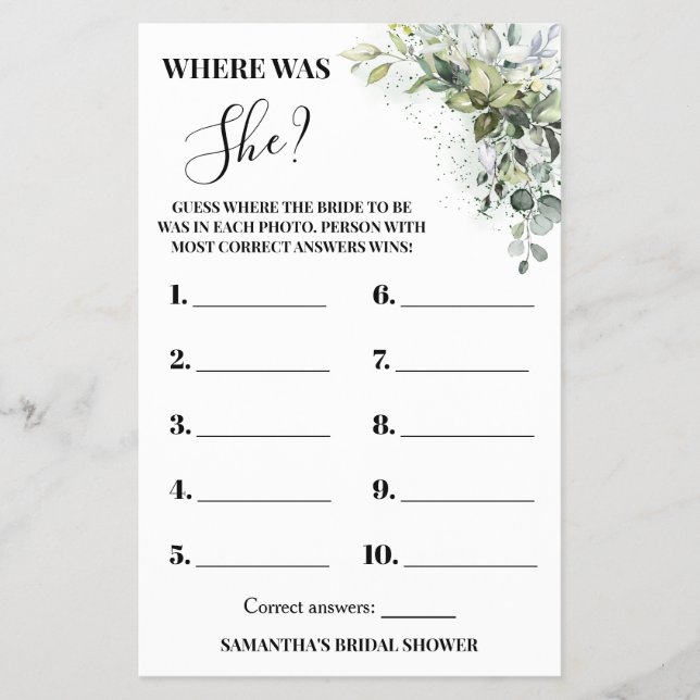 Eucalyptus Where was She Bridal Shower Game card (Front)