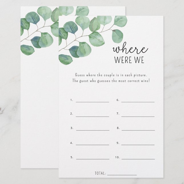 Eucalyptus - Where were we bridal shower game (Front/Back)