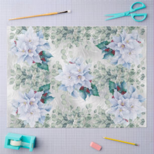 Eucalyptus & White Christmas Poinsettias Faux Foil Tissue Paper