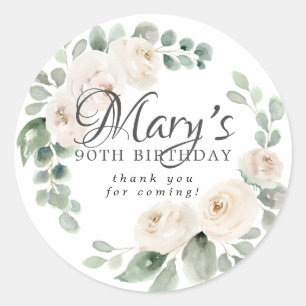 Eucalyptus White Floral 90th Birthday Thank You Classic Round Sticker