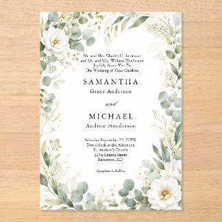 Eucalyptus White Floral Both Parents Names Wedding Acrylic Invitations