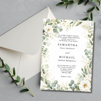 Eucalyptus White Floral Both Parents Names Wedding Invitation