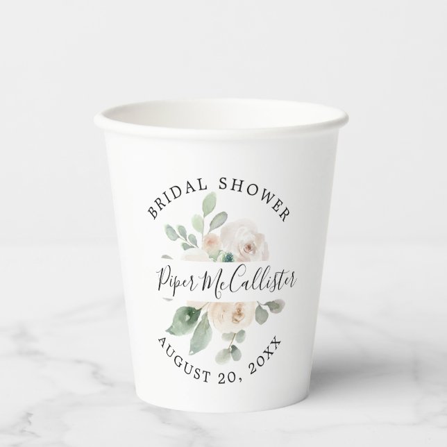 Eucalyptus White Floral Bridal Shower Paper Cups (Front)