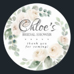 Eucalyptus White Floral Bridal Shower Thank You Classic Round Sticker<br><div class="desc">Perfect sticker for sealing bridal shower thank you notes or favours. Ivory white roses surround are nestled in eucalyptus leaves. The bride's name is written in a large, lovely script text. This bridal shower sticker is part of the White Rose Botanical Collection. it contains many templates that allow you to...</div>