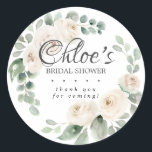 Eucalyptus White Floral Bridal Shower Thank You Classic Round Sticker<br><div class="desc">Perfect sticker for sealing bridal shower thank you notes or favours. Ivory white roses surround are nestled in eucalyptus leaves. The bride's name is written in a large, lovely script text. This bridal shower sticker is part of the White Rose Botanical Collection. it contains many templates that allow you to...</div>