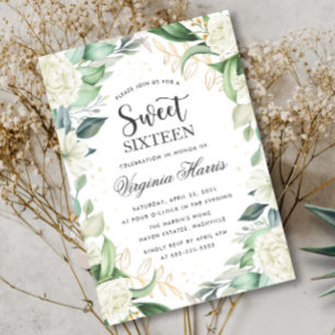 Eucalyptus White Floral Sweet Sixteen 16 Birthday Invitation