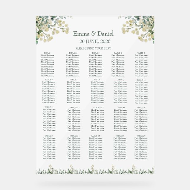 Eucalyptus & White Florals Botanical Wedding Acrylic Sign (Front)