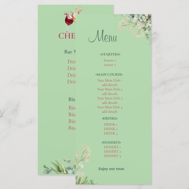 Eucalyptus & White Florals Botanical Wedding  Menu (Front/Back)