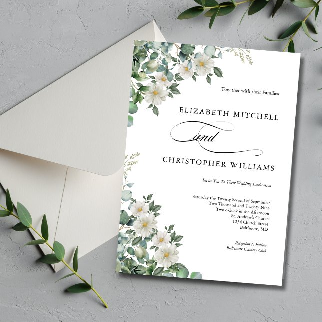 Eucalyptus White Flowers Greenery Elegant Wedding Invitation (Eucalyptus and White Floral Watercolor Elegant Modern Trendy Wedding Invitation)