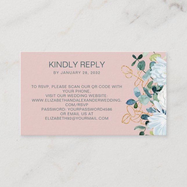Eucalyptus & white flowers QR Code online RSVP Enclosure Card (Front)