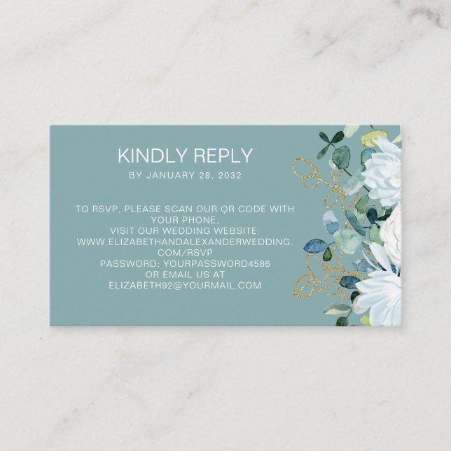 Eucalyptus white flowers teal QR Code online RSVP Enclosure Card (Front)