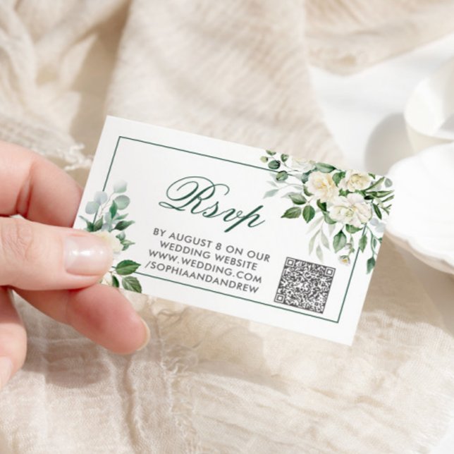 Eucalyptus White Flowers  Wedding QR Code RSVP Enclosure Card (Creator Uploaded)