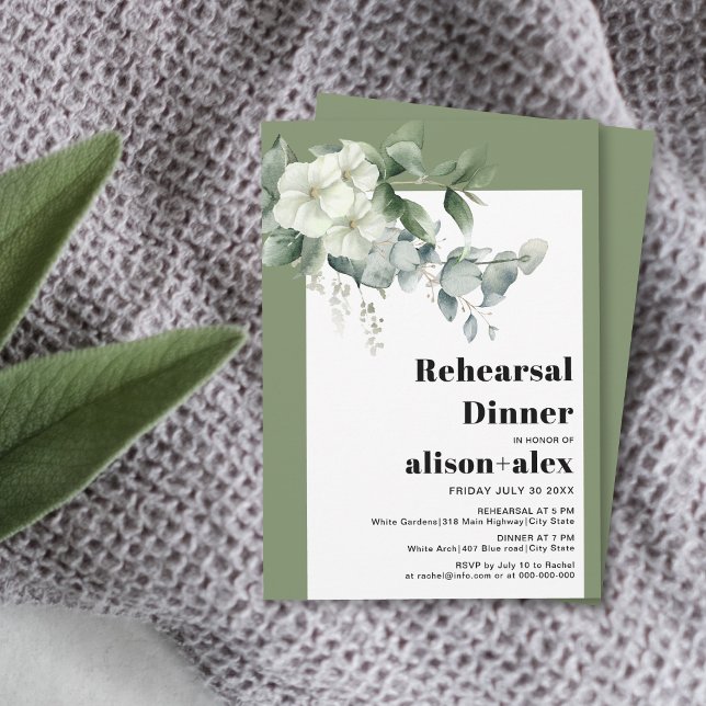 Eucalyptus, white flowers wedding rehearsal dinner invitation (Creator Uploaded)