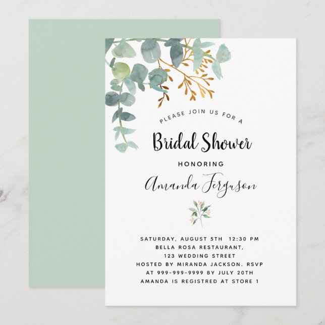 Eucalyptus white gold green elegant bridal shower invitation (Front/Back)
