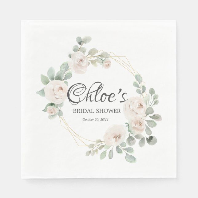 Eucalyptus White Rose Floral Bridal Shower Napkin (Front)