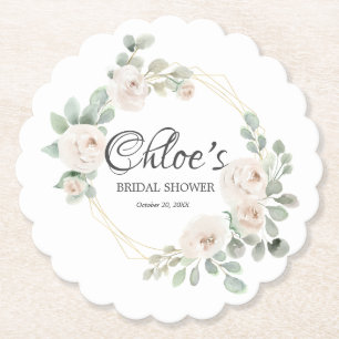 Eucalyptus White Rose Floral Bridal Shower Paper Coaster