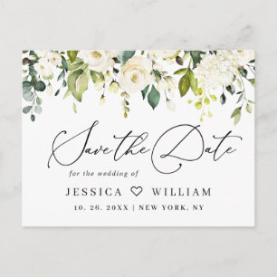 Eucalyptus White Roses Boho Wedding Save the Date Postcard