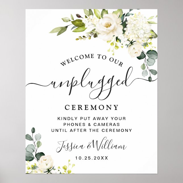 Eucalyptus White Roses Unplugged Wedding Ceremony Poster (Front)