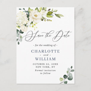 Eucalyptus White Roses Wedding Save the Date Postcard