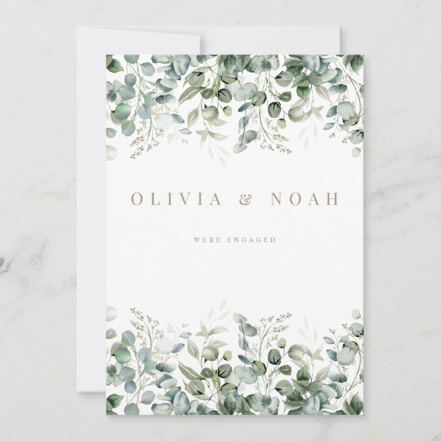 Eucalyptus White We're Engaged Announcement Card (Front)