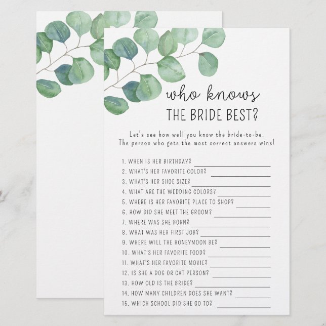Eucalyptus - Who knows the bride best game (Front/Back)